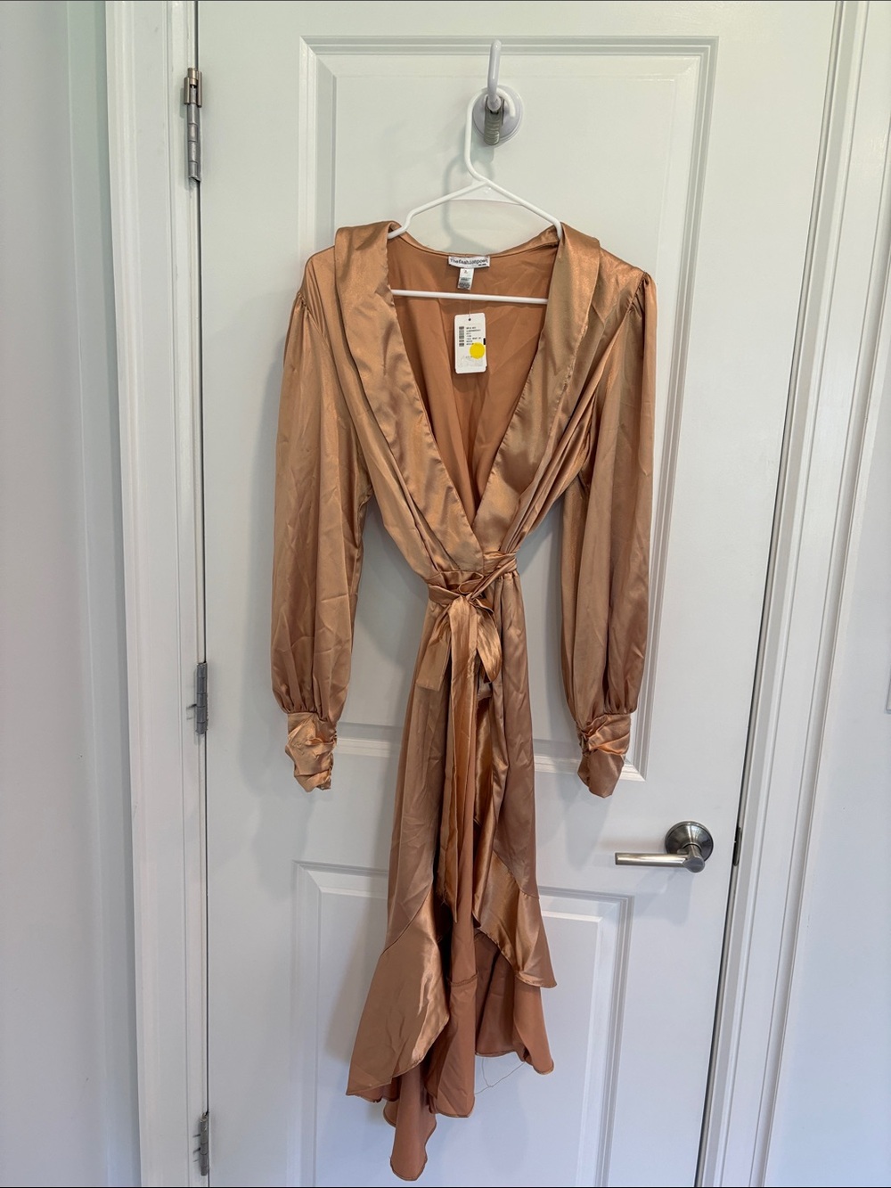 Satin Asymmetrical Wrap Dress in Champagne Taupe